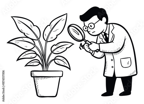 A curious botanist in a laboratory coat intently examines a thriving potted houseplant with a magnifying glass, ideal for educational science materials or gardening concepts.