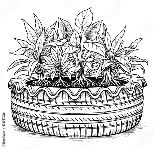 Detailed woodcut style image of a resourceful planter made from stacked recycled car tires, fostering lush green plants with visible root systems, great for ecological awareness or
