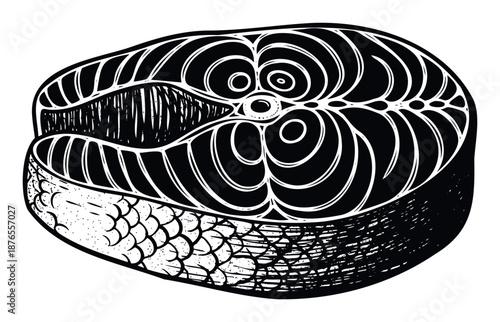 Detailed woodcut style fish steak drawing with visible scales and muscle texture, ideal for seafood restaurant menus, cooking guides, and food industry branding projects