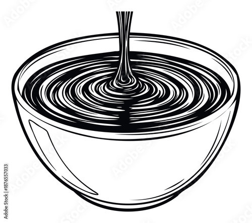 Black and white graphic drawing of a viscous dark liquid pouring into a bowl creating concentric ripples, perfect for culinary content, food blogs, recipe books, or kitchenthemed designs