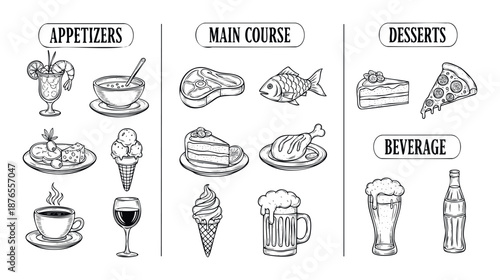 Handdrawn black and white food menu collection featuring appetizers, main courses, desserts, and beverages, perfect for restaurant branding, cafe signage, and culinary business marketing.