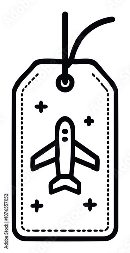 Simple line drawing of a travel tag showcasing an airplane graphic ideal for vacation package promotions airline service advertisements or globetrotting themed projects
