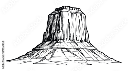 Detailed hand drawn line rendering of a monumental desert mesa or towering rock formation, perfect for educational materials, travel guides, or geological presentations.