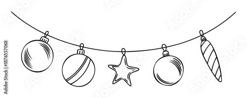 Festive hanging Christmas ornaments garland featuring various decorative baubles and a star perfect for holiday greeting cards and winter season event invitations