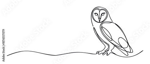 A striking continuous line drawing of a barn owl perched on a branch, perfect for wildlife themed decor, minimalist branding, or educational materials.