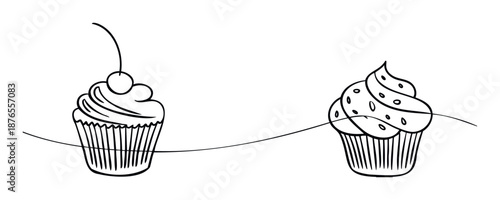 Black and white outline drawing of two delightful cupcakes, one with a cherry and the other with sprinkles, connected by a smooth line perfect for sweet treat promotions and bakery themed