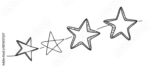 A hand drawn doodle illustration featuring a sequential line of four increasing stars, useful for symbolizing progress, quality levels, goal attainment, or a rating concept for engaging