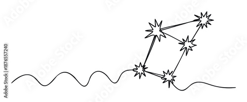 Elegant continuous line drawing showcasing an abstract starry constellation formed by connected sparkling elements and a dynamic wavy path, suitable for various digital and print media
