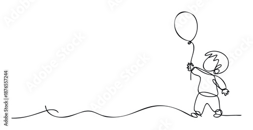 Minimalist continuous line drawing depicting a joyful child holding a floating balloon, symbolizing childhood innocence and aspirations, suitable for educational content or playful branding.