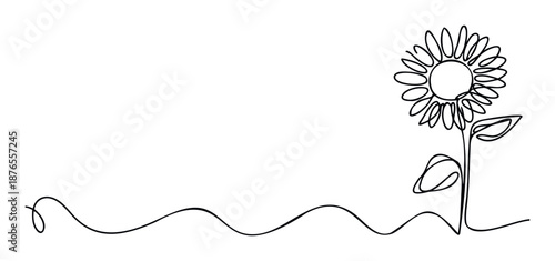 Continuous line drawing of a sunflower blooming with leaves on a curving stem for naturethemed graphic projects and minimalist botanical decorative materials