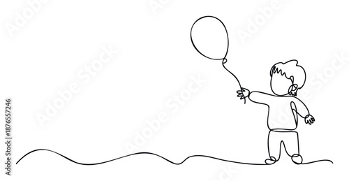 Simple continuous line drawing of a child holding a balloon, depicting joy and innocence, perfect for childrens learning materials and playful projects