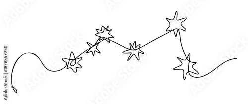 Simple continuous line drawing forming a series of abstract star shapes connected by flowing segments, ideal for modern graphic educational science or abstract network presentations.