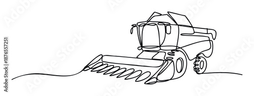 Continuous line drawing of a modern combine harvester working in an agricultural field, ideal for farming industry publications or agronomy related content.