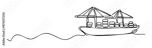Continuous line drawing of a cargo ship transporting containers on wavy sea symbolizing global trade logistics and modern shipping industry for business presentations