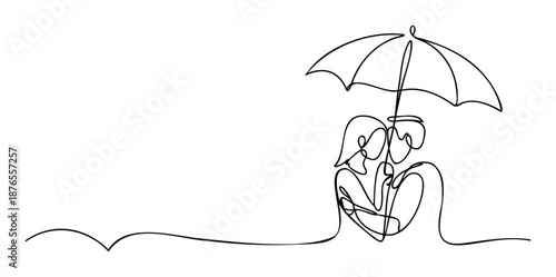 A flowing one line drawing depicting a loving couple embracing intimately under a protective umbrella, ideal for conveying themes of deep affection, emotional support, and lasting