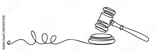 Single line sketch of a judges gavel hitting a sounding block embodying legal authority and fairness for professional legal services branding or educational resources