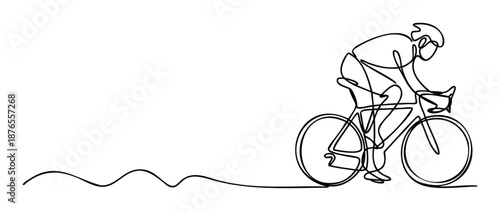 Dynamic single line drawing of a cyclist riding a road bike with an energetic flowing trail perfect for sports branding and active lifestyle promotions