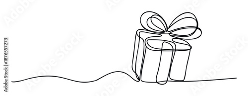 A stylized gift box with an elegant bow drawn in a single continuous flowing black line ideal for holiday greetings anniversary celebrations and birthday event promotions