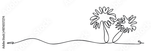 Minimalist one line art depicting two abstract tropical palm trees standing on a flowing wavy ground ideal for modern travel brochures or serene relaxation advertisements.