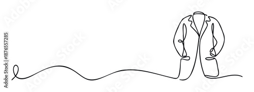 Minimalist continuous line drawing of a medical lab coat connected by a flowing line, perfect for symbolizing healthcare professions, scientific research, and professional journey
