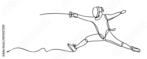 Dynamic single line drawing depicting a fencer in a powerful lunging attack, capturing the intense motion and precision of the sport, perfect for athletic event promotions or sports