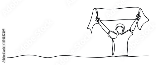 A minimalist continuous line drawing depicting a person holding a flag or banner high above their head, symbolizing support, celebration, or demonstration for various social, sports, or