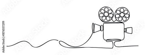 Minimalist one line drawing of a vintage film camera with two reels representing the timeless essence of cinema for use in entertainment industry promotions or media related content