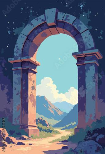 timetravel portal archway constructed ancient runes futuristic metal, opening onto different era landscape Flat