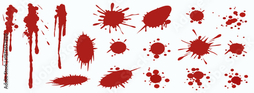 Collection of Red Blood Splatter and Drip Stains on White Background
