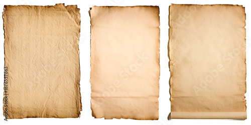 Three vintage parchment sheets on white background isolated on a transparent background paper