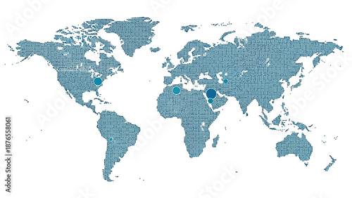 World map illustration with highlighted locations and a textured blue design