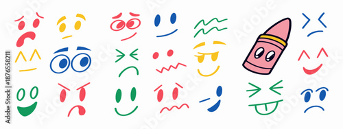 Collection of cartoon face emojis and a pink crayon with a face