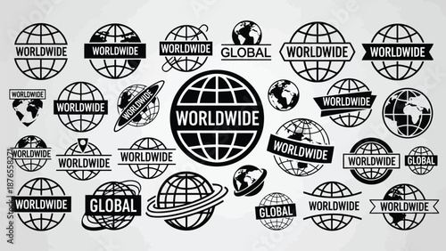 Collection of monochrome world globes and worldwide text graphics on a gray background
