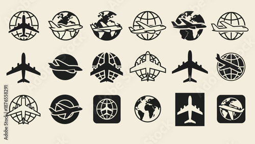 Collection of aviation and world globe icons in a monochromatic style