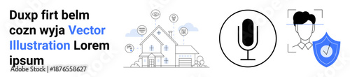 Smart home automation, cybersecurity, voice recognition, home security, biometric authentication, digital identity. Includes a house with connected devices, microphone icon, and facial recognition