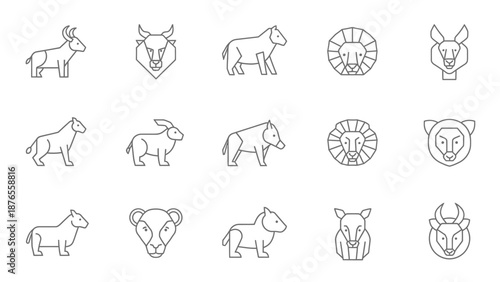 Stylized Animal Icons Set - Safari, Farm, and Wild Creatures Line Art