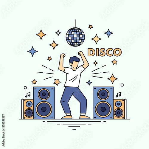Man dancing under disco ball with speakers around him