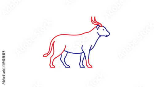 Stylized Antelope Silhouette, Minimalist Line Art, Red and Blue Outline