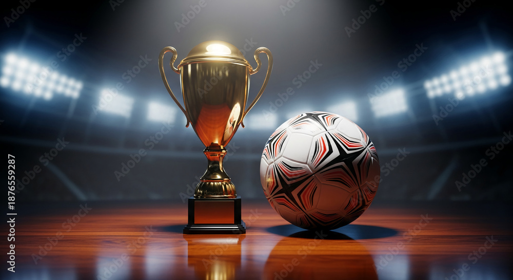 Fototapeta premium Image of a gold trophy and soccer ball on wooden floor, stadium in background, symbolizing victory, competition and success in sport
