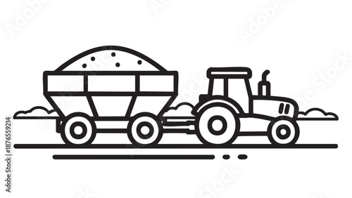 Tractor Hauling Grain Cart Through Agricultural Field Illustration
