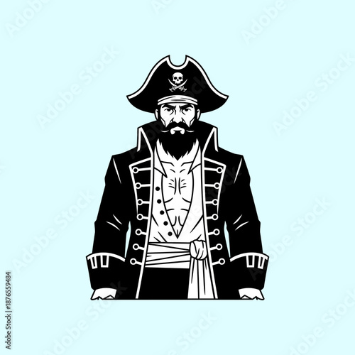 Pirate captain in black and white with skull on his hat