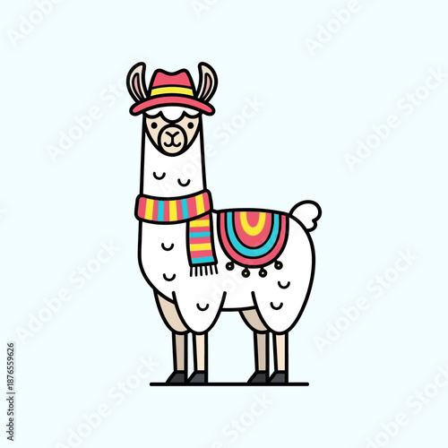 Colorful cartoon llama wearing hat and scarf standing alone