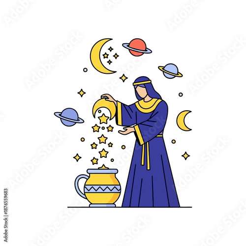 Mystic woman conjuring celestial magic with pot and stars