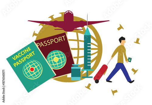 Vaccine Passport concept for the new normal travel. Editable Clip Art.