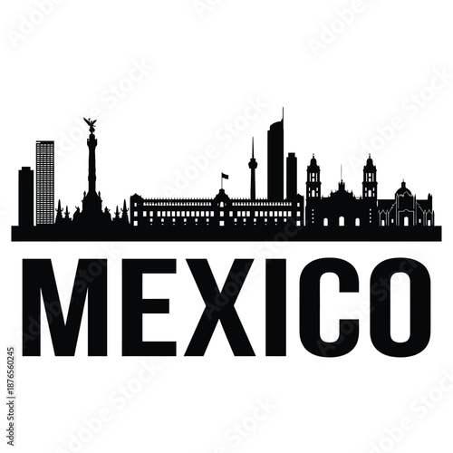 mexico city skyline with iconic landmarks and silhouette