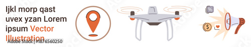 quadcopter delivery, geolocation services, secure transactions, digital connectivity, e-commerce, technology innovation. Quadcopter, location marker and secure payment icons. Drone delivery