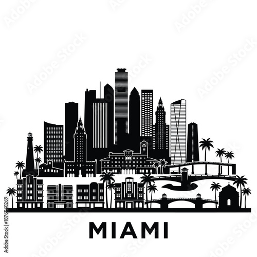 miami city skyline with palm trees and buildings