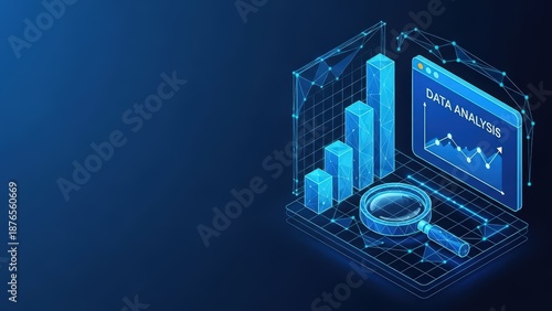 Digital analytics graph with magnifying glass and abstract data visualization on a blue background