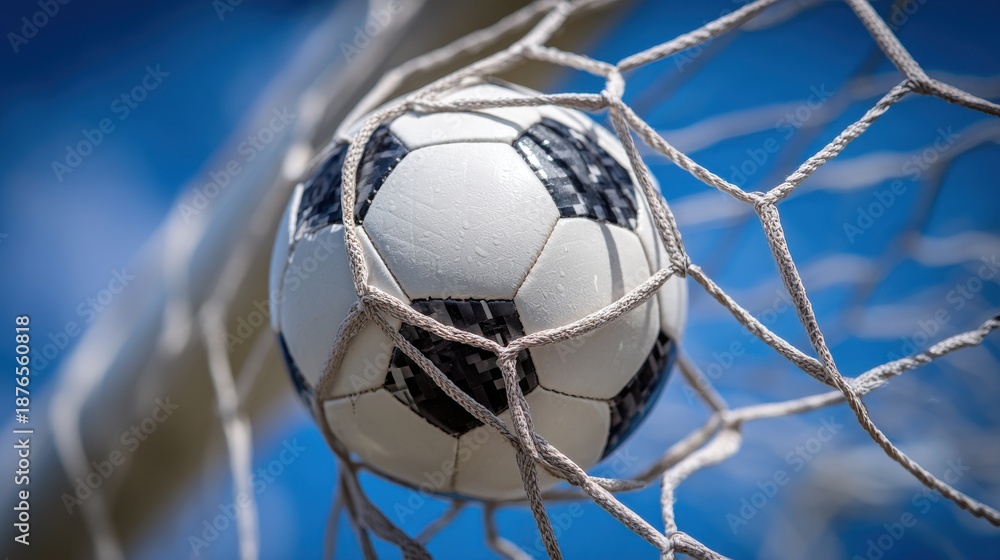 Naklejka premium Soccer ball inside net against blue sky in close up