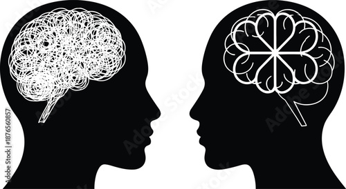 Human head silhouettes with chaotic and organized brain icons, psychology mindset contrast illustration for mental health, therapy, emotions and cognition